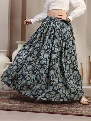 Blue floral printed cotton flared maxi skirt for women 2