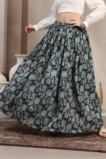 Blue floral printed cotton flared maxi skirt for women