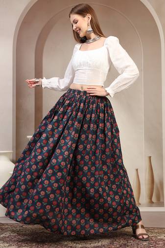 Blue floral printed cotton flared maxi skirt for women