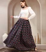Blue floral printed cotton flared maxi skirt for women