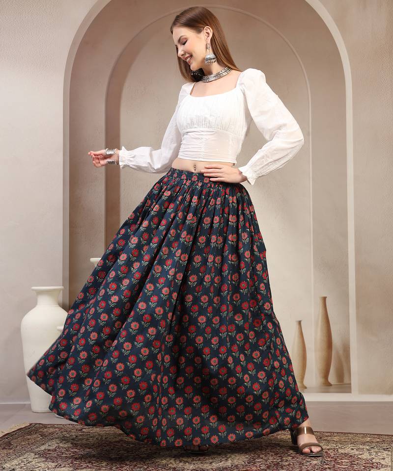 Blue floral printed cotton flared maxi skirt for women