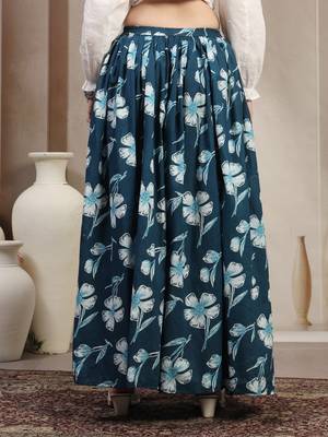 Sky-blue floral printed cotton flared maxi skirt for women 4