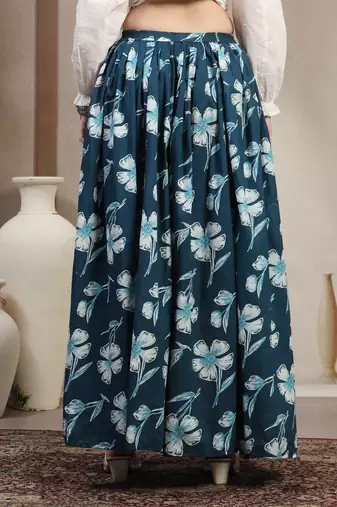 Sky-blue floral printed cotton flared maxi skirt for women