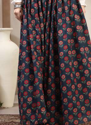 Blue floral printed cotton flared maxi skirt for women 2