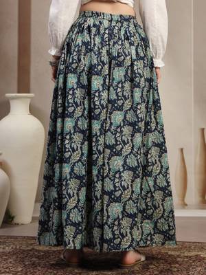 Blue floral printed cotton flared maxi skirt for women 3