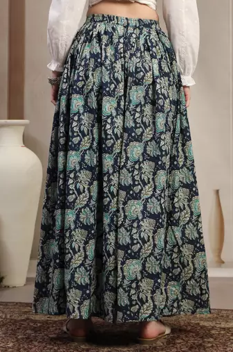 Blue floral printed cotton flared maxi skirt for women