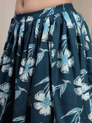 Sky-blue floral printed cotton flared maxi skirt for women 5