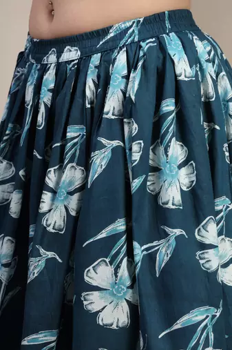 Sky-blue floral printed cotton flared maxi skirt for women