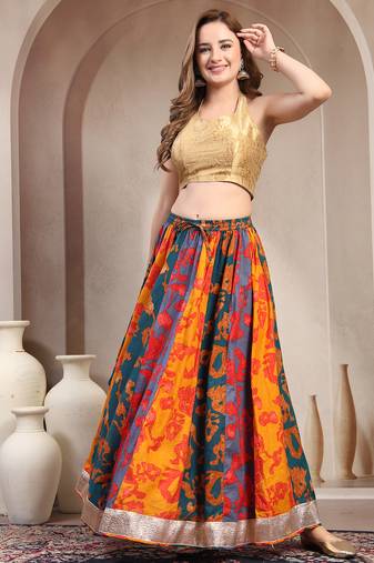 Multicolor color blocked cotton flared maxi skirt for women