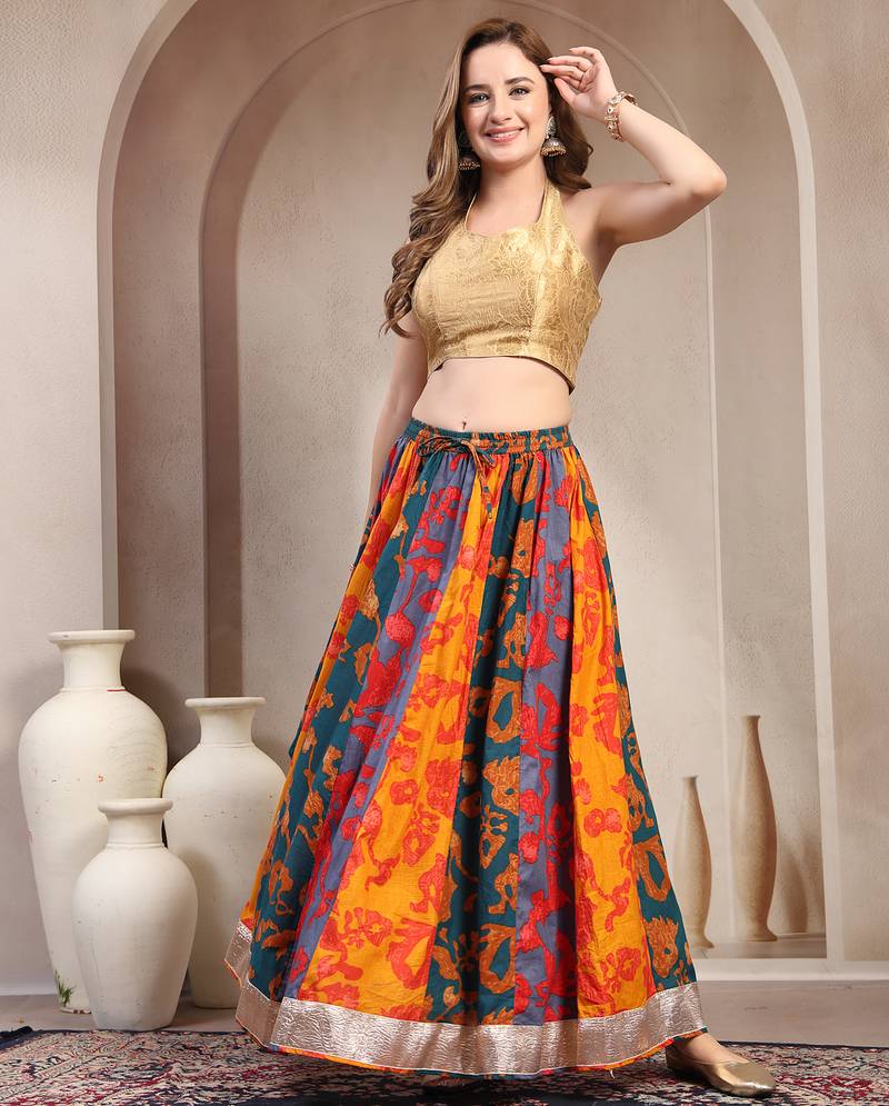 Multicolor color blocked cotton flared maxi skirt for women