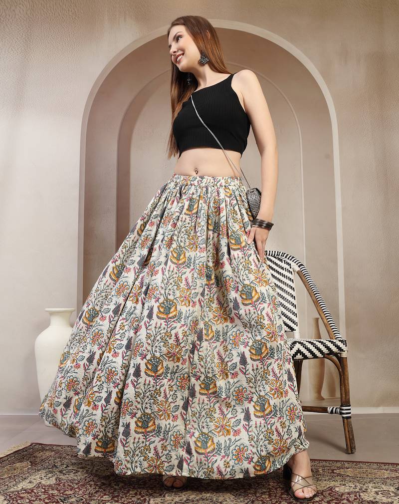 Multicolor floral printed cotton flared maxi skirt for women