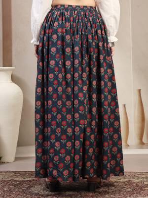 Blue floral printed cotton flared maxi skirt for women 3