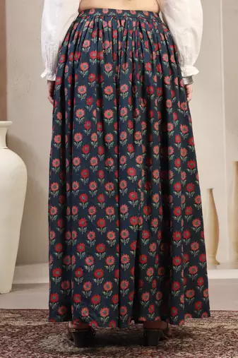 Blue floral printed cotton flared maxi skirt for women