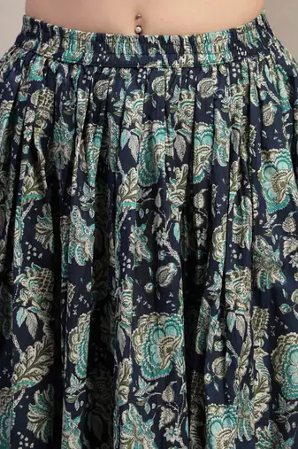 Blue floral printed cotton flared maxi skirt for women