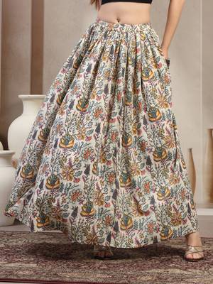 Multicolor floral printed cotton flared maxi skirt for women 2
