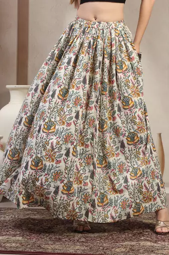Multicolor floral printed cotton flared maxi skirt for women
