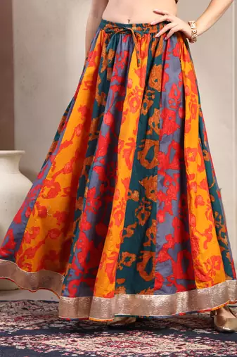 Multicolor color blocked cotton flared maxi skirt for women