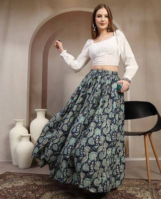 Blue floral printed cotton flared maxi skirt for women 5