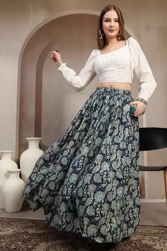 Blue floral printed cotton flared maxi skirt for women