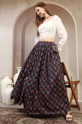 Blue floral printed cotton flared maxi skirt for women