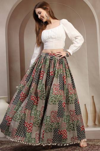 Multicolor floral printed cotton flared maxi skirt for women