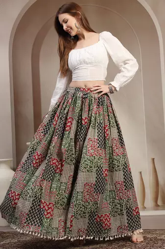 Multicolor floral printed cotton flared maxi skirt for women