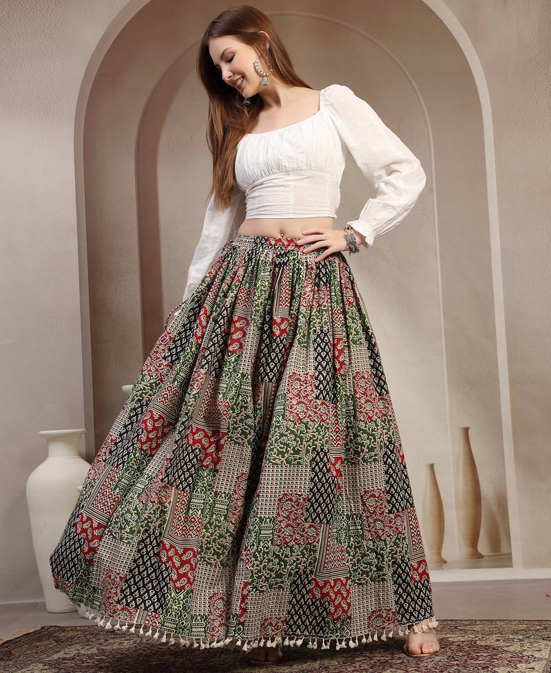Multicolor floral printed cotton flared maxi skirt for women