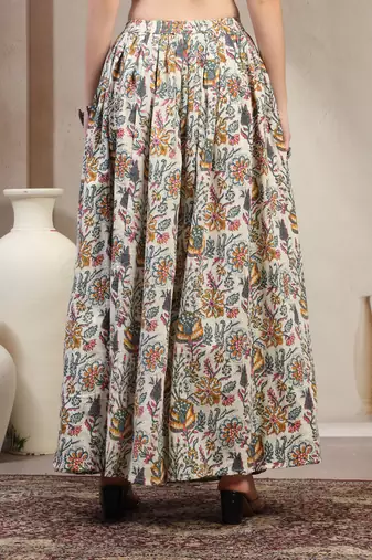 Multicolor floral printed cotton flared maxi skirt for women
