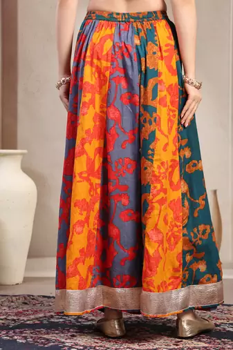 Multicolor color blocked cotton flared maxi skirt for women