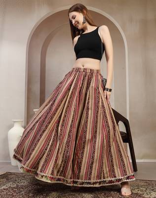 Wine printed cotton flared maxi skirt for women 1