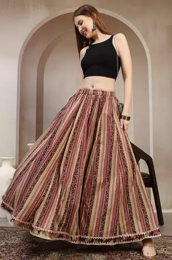 Wine printed cotton flared maxi skirt for women