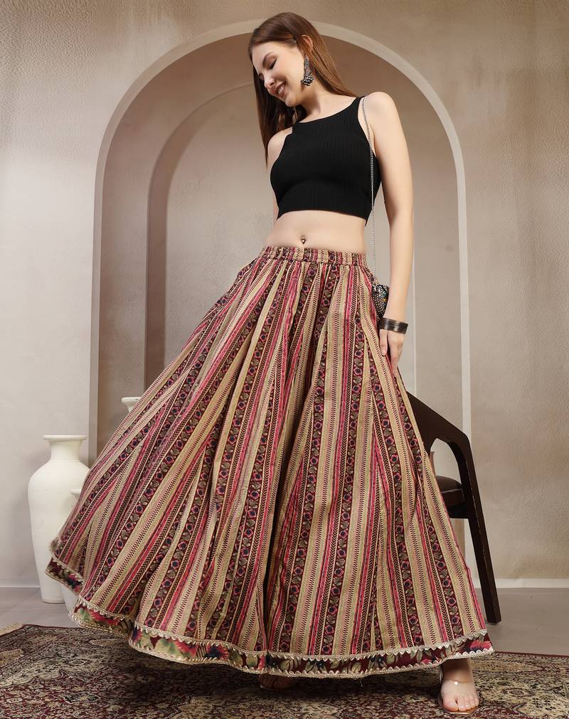 Wine printed cotton flared maxi skirt for women