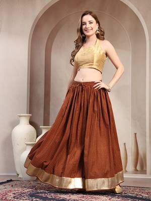 Brown printed cotton flared maxi skirt for women 1
