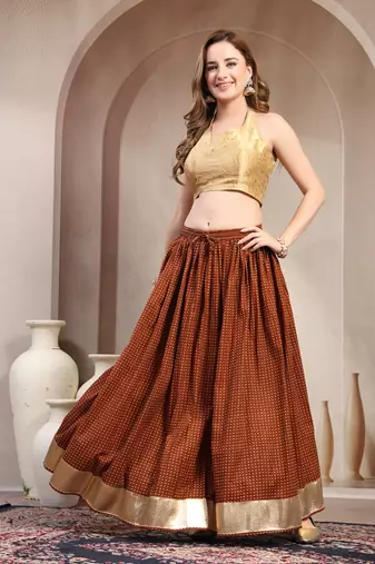 Brown printed cotton flared maxi skirt for women