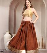 Brown printed cotton flared maxi skirt for women