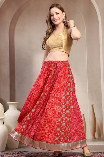 Red color blocked cotton flared maxi skirt for women