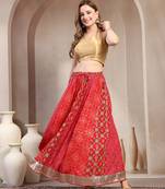 Red color blocked cotton flared maxi skirt for women