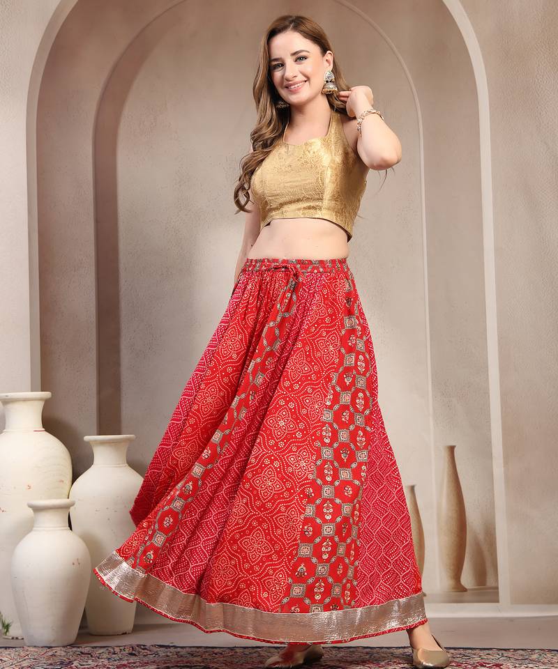 Red color blocked cotton flared maxi skirt for women