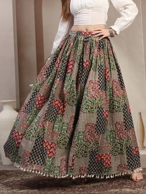 Multicolor floral printed cotton flared maxi skirt for women 2