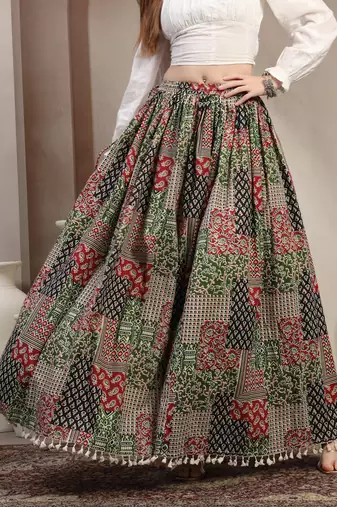 Multicolor floral printed cotton flared maxi skirt for women