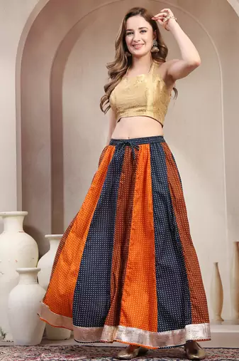 Blue color blocked cotton flared maxi skirt for women