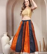 Blue color blocked cotton flared maxi skirt for women