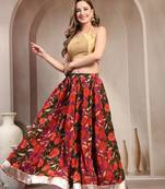 Green floral printed cotton flared maxi skirt for women