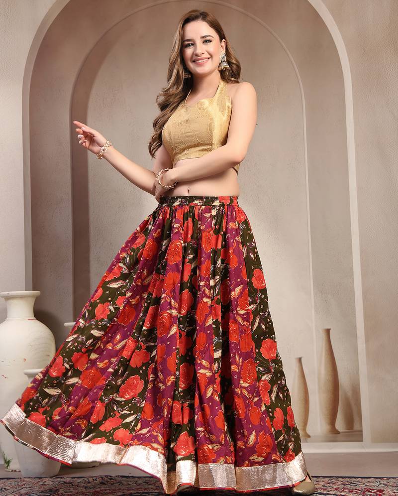 Green floral printed cotton flared maxi skirt for women