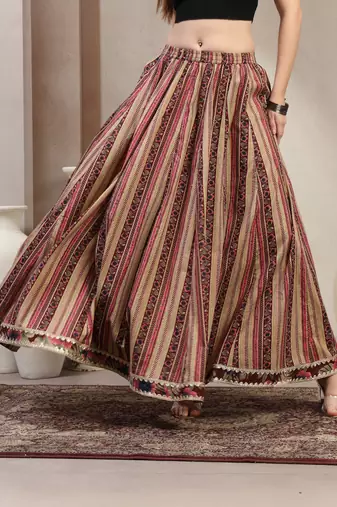 Wine printed cotton flared maxi skirt for women