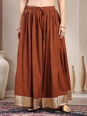 Brown printed cotton flared maxi skirt for women 2