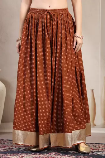 Brown printed cotton flared maxi skirt for women