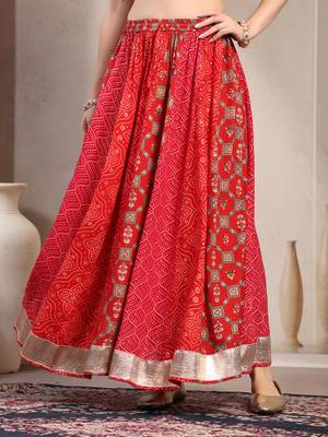 Red color blocked cotton flared maxi skirt for women 2