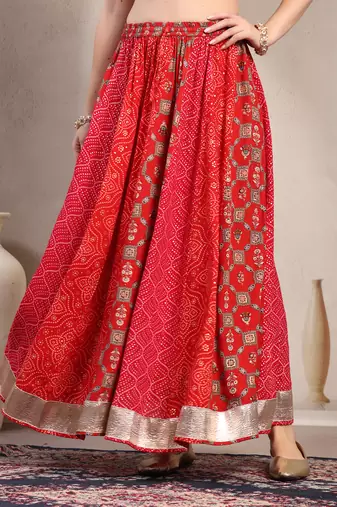 Red color blocked cotton flared maxi skirt for women