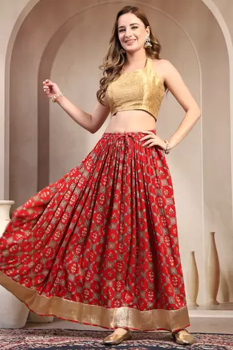 Red floral printed cotton flared maxi skirt for women
